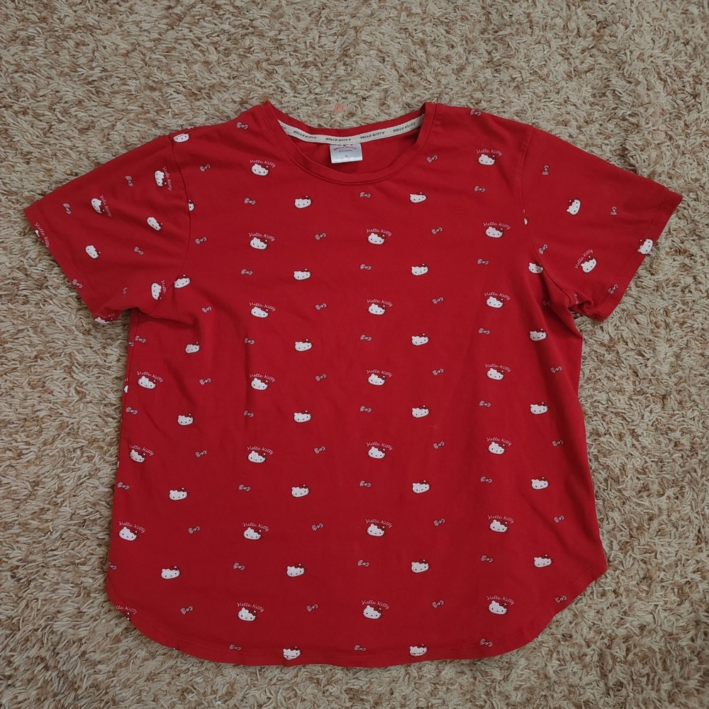 Hello Kitty T-Shirt Girls Size M Red All Over Print Sanrio Crew Neck Curved Hem